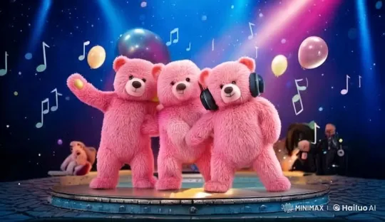 Pink Bears Rock Out on Dreamy Beach Stage – AI Generated Video | Hailuo AI