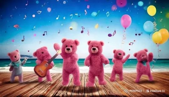 Pink Bears Rock Out on Dreamy Beach Stage – AI Generated Video | Hailuo AI