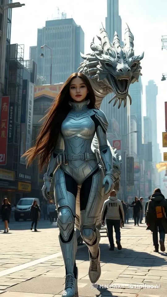 Hyper-Speed Chase with Woman and Dragon in Futuristic City – AI Generated Video | Hailuo AI