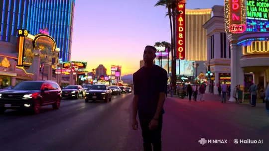 Contemplative Young Man Amidst Vibrant Las Vegas Night – AI Generated Video | Hailuo AI