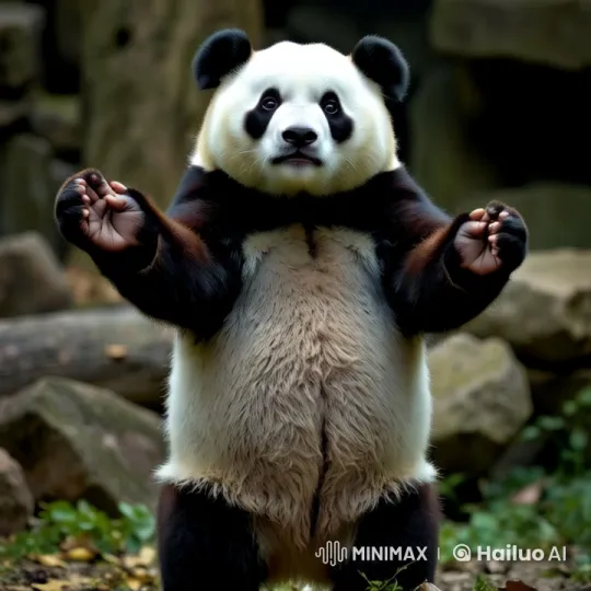 Upright Panda Showcases Fluffy Fur in Serene Setting – AI Generated Video | Hailuo AI