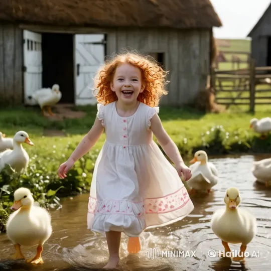 Joyful Girl and Ducklings on a Farmyard Adventure – AI Generated Video | Hailuo AI