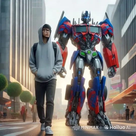 Young Man and Robot Stride Through Modern Cityscape – AI Generated Video | Hailuo AI