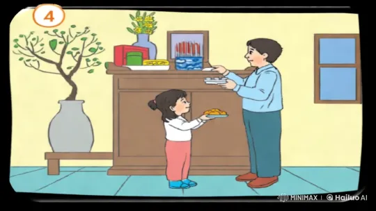 Young Girl Offers Food to Man in Cozy Room – AI Generated Video | Hailuo AI