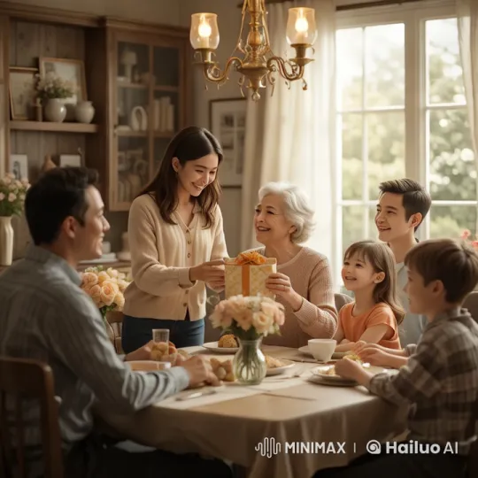 Family Gathering with Gift Exchange at Dining Table – AI Generated Video | Hailuo AI