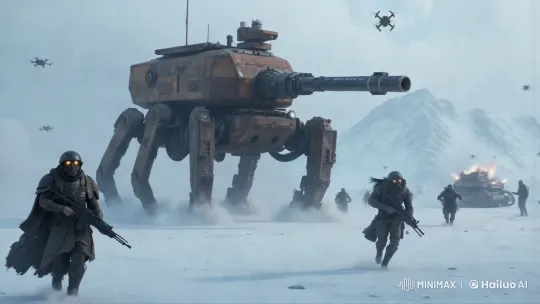 Futuristic Snowy Battlefield: Mech vs. Soldiers – AI Generated Video | Hailuo AI