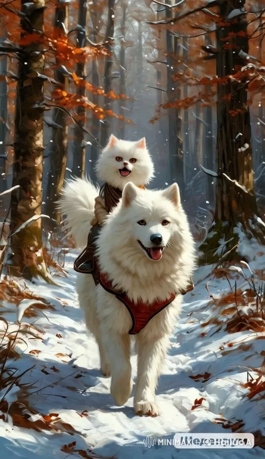 White Cat Falls, Dog Laughs, Cat Cries in Snowy Forest – AI Generated Video | Hailuo AI