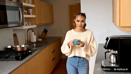Cozy Kitchen Encounter: Woman Invites You In – AI Generated Video | Hailuo AI