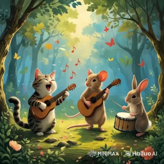 Enchanted Forest Animals Play Music in Harmony – AI Generated Video | Hailuo AI