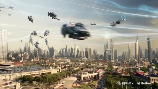 High-Stakes Digital Duel in Futuristic Urban Sky Battle – AI Generated Video | Hailuo AI