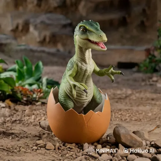 Baby Dinosaur Hatches from Egg, Explores Rocky Terrain – AI Generated Video | Hailuo AI