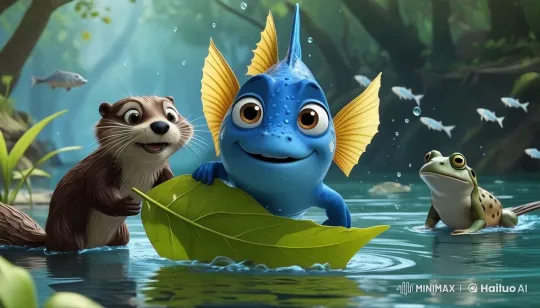 Blue Fish Max and Friends Aid a Leaf in Serene River – AI Generated Video | Hailuo AI