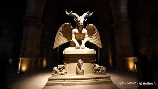 Mystical Baphomet Sculpture in Dimly Lit Chamber – AI Generated Video | Hailuo AI
