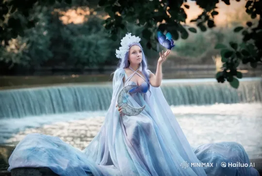 Mystical Maiden with Crescent Moon by Waterfall – AI Generated Video | Hailuo AI