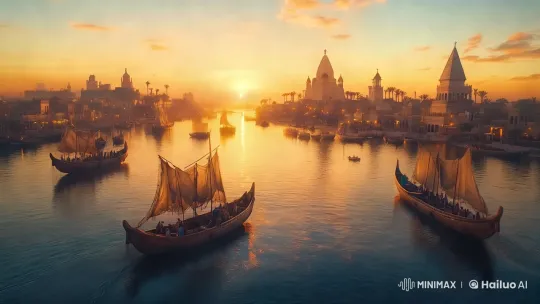 Ancient Ships Sail on Serene River at Sunset – AI Generated Video | Hailuo AI