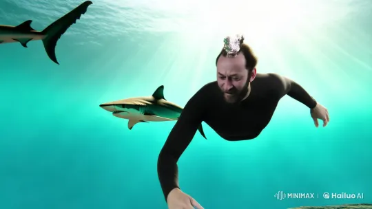 Man Freedives with Sharks in Turquoise Depths – AI Generated Video | Hailuo AI