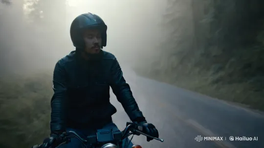 Motorcyclist Navigates Foggy Forest Road at Dawn – AI Generated Video | Hailuo AI