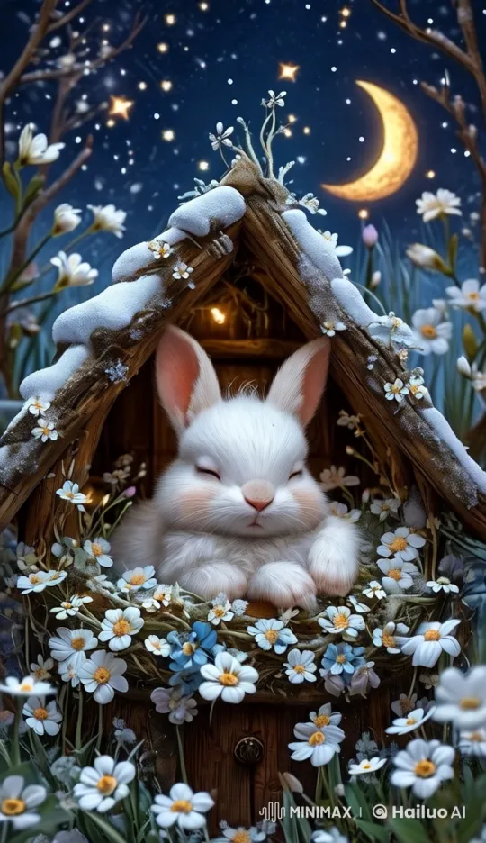 Tranquil Bunny Slumbers in Starlit Wonderland – AI Generated Video | Hailuo AI