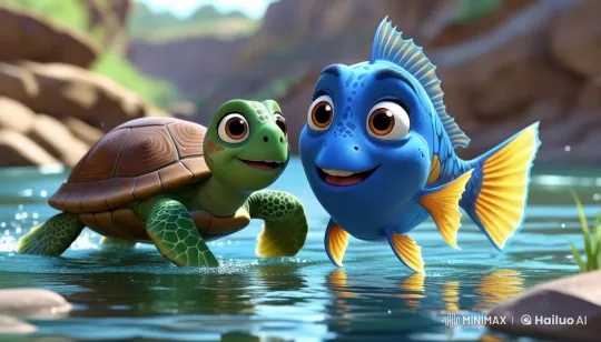 Max the Fish and Nala the Turtle Explore a River – AI Generated Video | Hailuo AI