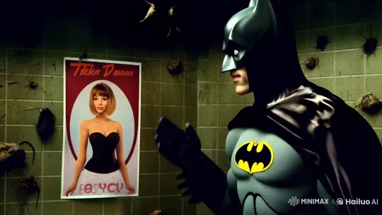 Batman Transformation: Woman Revealed in Grimy Bathroom – AI Generated Video | Hailuo AI