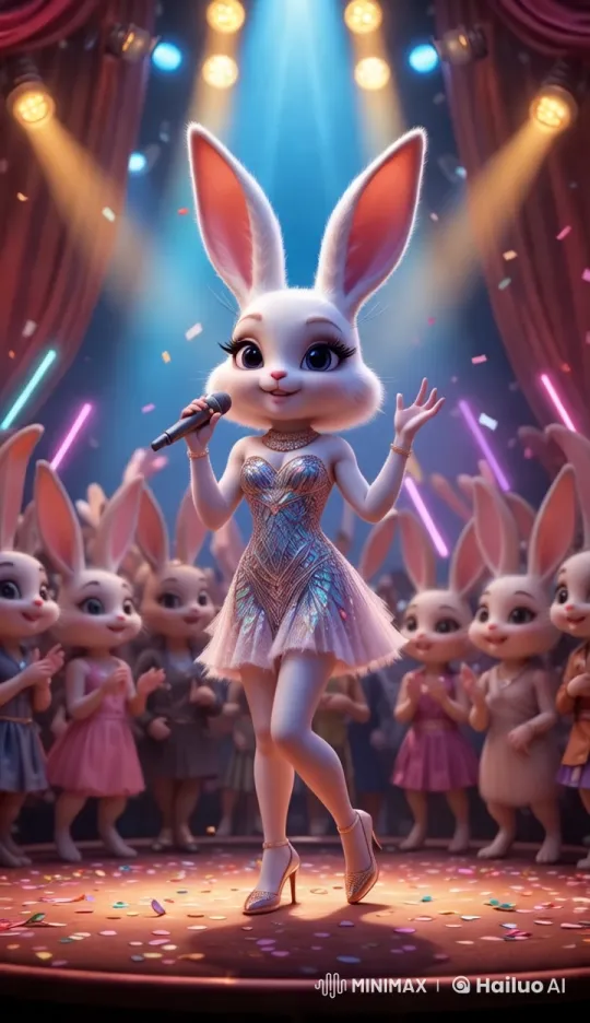 Glamorous Rabbit Singer Delights Audience on Sparkling Stage – AI Generated Video | Hailuo AI