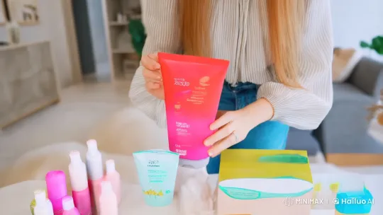 Confident Woman Showcases Product in Modern Setting – AI Generated Video | Hailuo AI