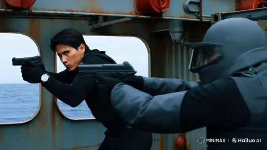 Surviving a Gunfight: Heroic Man in Oceanic Container Standoff – AI Generated Video | Hailuo AI
