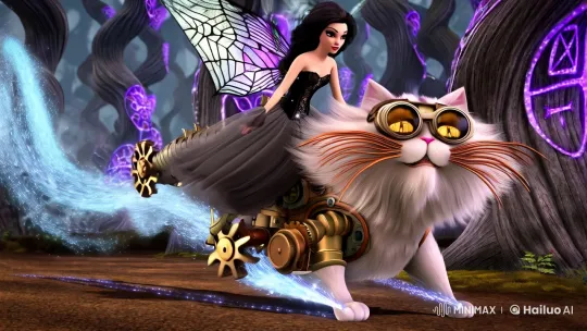 Gothic Fairy Races on Steampunk Cheshire Cat Through Enchanted Forest – AI Generated Video | Hailuo AI