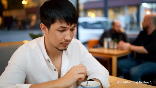 Contemplative Man Reflects in Cozy Café – AI Generated Video | Hailuo AI