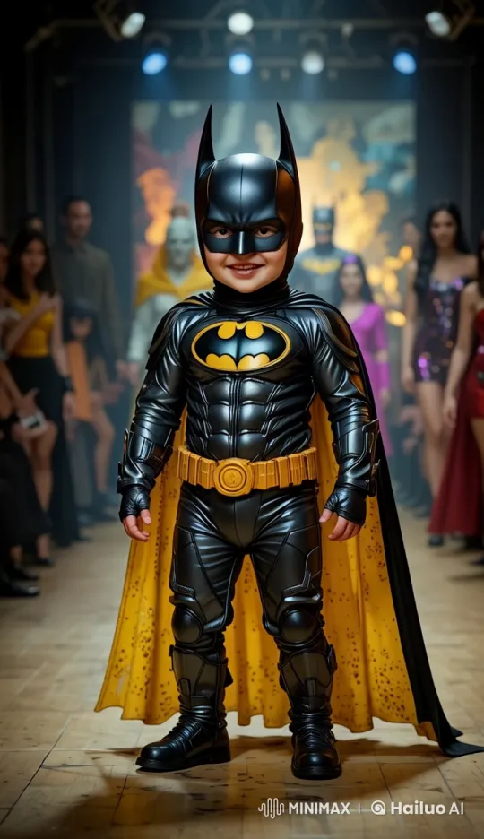 Batman Cosplay Model Struts in Live2D Runway Event – AI Generated Video | Hailuo AI