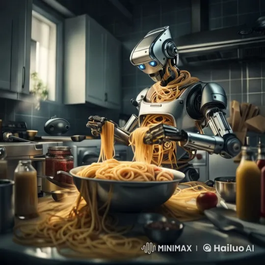 Robot Butler Preparing Spaghetti in Modern Kitchen – AI Generated Video | Hailuo AI
