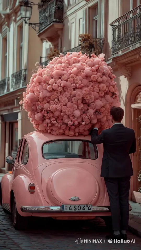European Street: Man Offers Flower from Vintage Car – AI Generated Video | Hailuo AI