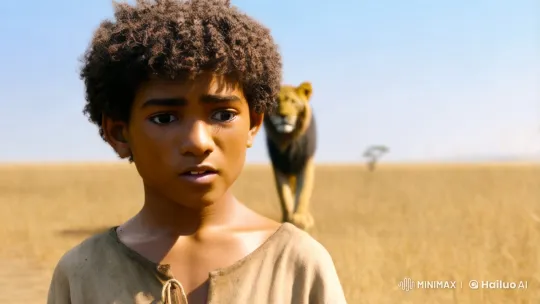 Boy and Lion Share Moment of Trust in Savanna – AI Generated Video | Hailuo AI
