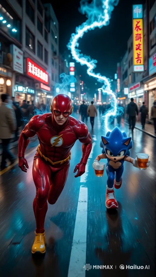 The Flash and Sonic Sprint Through Neon-Lit Cityscape in Slow-Motion – AI Generated Video | Hailuo AI