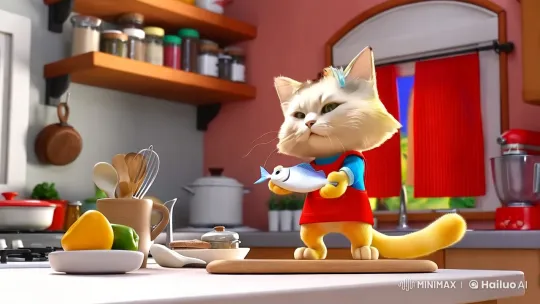 Cute Cat Prepares for Cooking in Cozy Kitchen – AI Generated Video | Hailuo AI