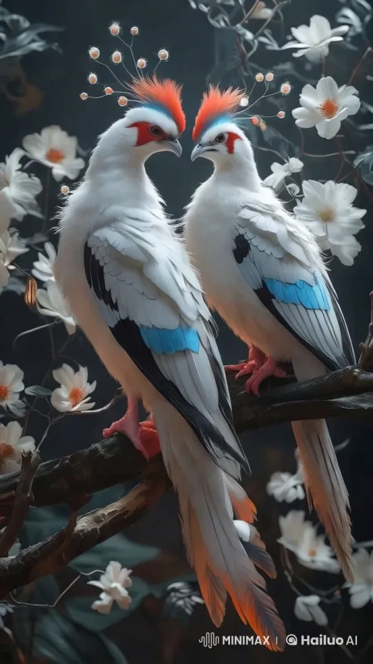 Romantic Harmony: Lovebirds Amidst Swaying Flowers – AI Generated Video | Hailuo AI