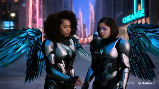 Mary Ann and Emily's Cybernetic Embrace in Chicago's Neon Glow – AI Generated Video | Hailuo AI