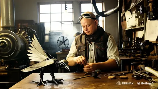 Retro Craftsman Builds Futuristic Mechanical Bird – AI Generated Video | Hailuo AI