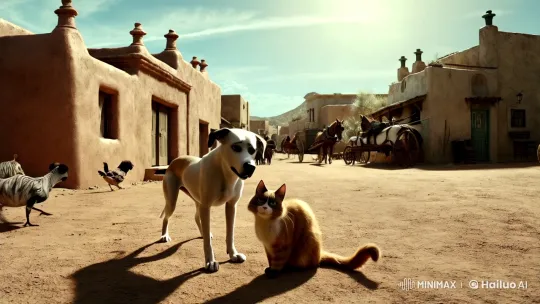 Animals Chat in Sunlit Old Colony Street – AI Generated Video | Hailuo AI