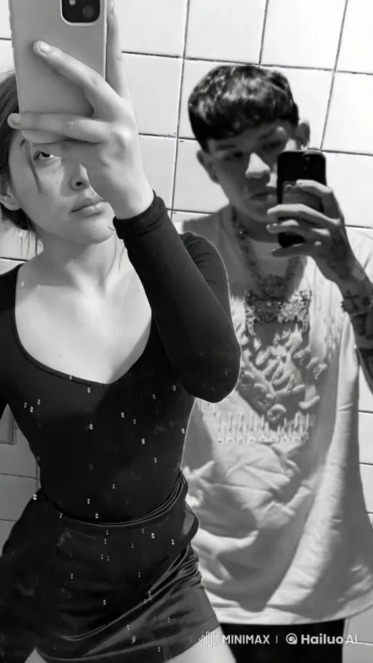 Black-and-White Mirror Selfie in Tiled Bathroom – AI Generated Video | Hailuo AI