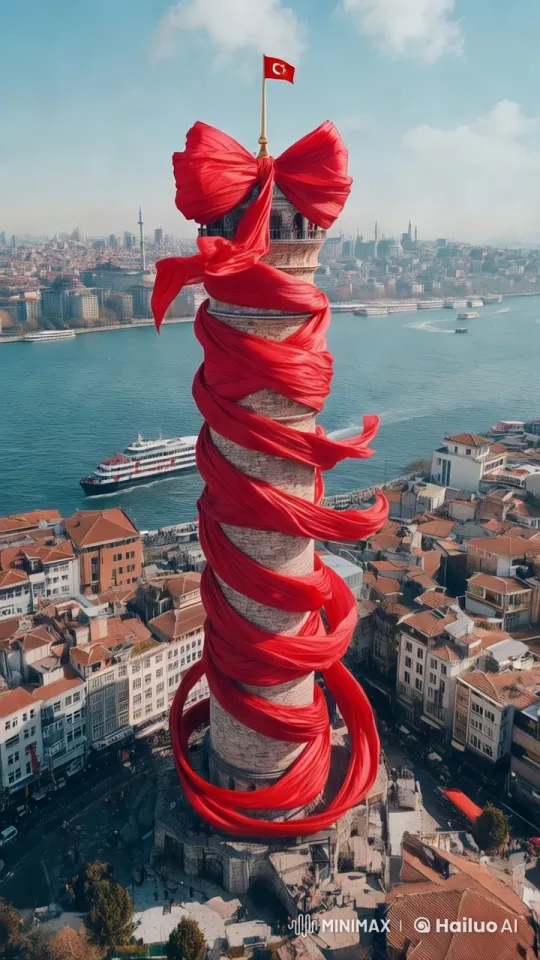 Majestic Tower Adorned with Red Ribbon Amidst Cityscape – AI Generated Video | Hailuo AI