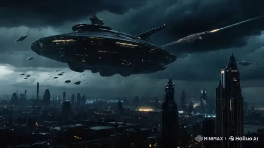 Futuristic Cityscape with Hovering Spaceship and Skyscrapers – AI Generated Video | Hailuo AI