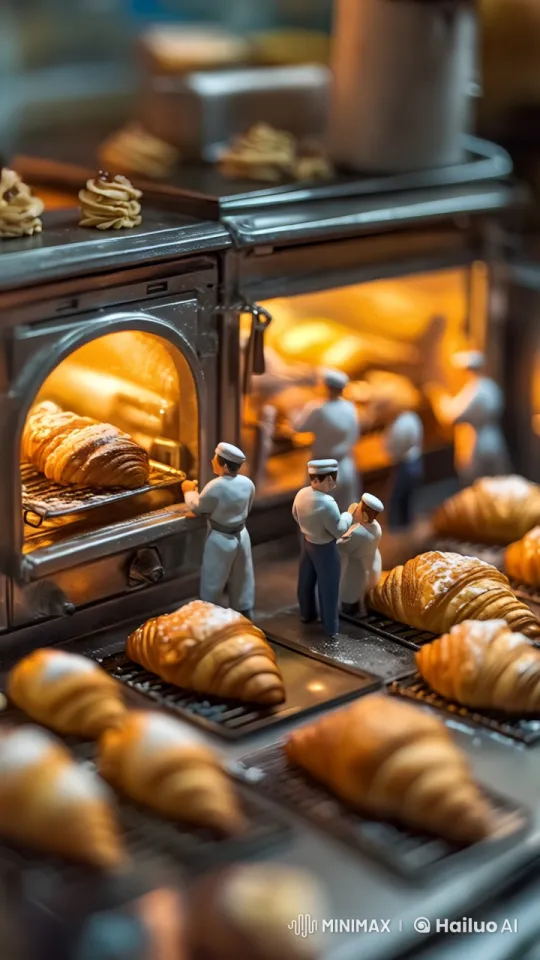 Miniature Bakery: Tiny Chefs Craft Flaky Croissants – AI Generated Video | Hailuo AI