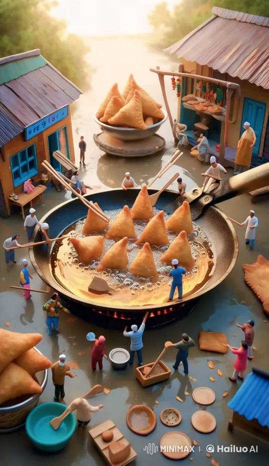 Miniature Village Market: Giant Samosas and Warm Evening Glow – AI Generated Video | Hailuo AI