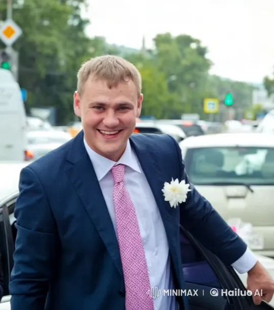 Joyful Man in Blue Suit Celebrates Beside Car – AI Generated Video | Hailuo AI