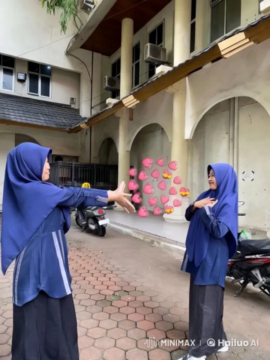 Two Women in Hijabs Interact Playfully in Courtyard – AI Generated Video | Hailuo AI