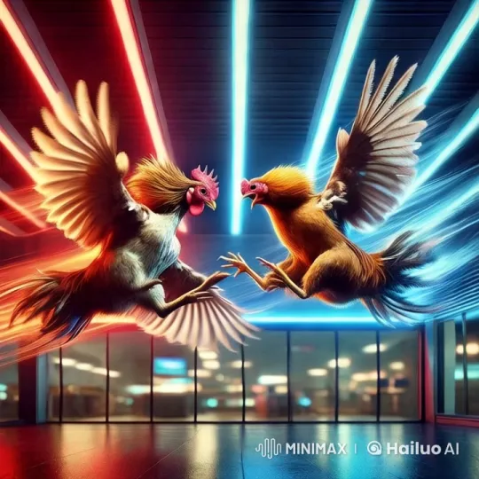 High-Energy Roosters Face-Off in Futuristic Arena – AI Generated Video | Hailuo AI
