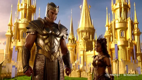 Warrior God Amidst Golden Castles in Majestic Scene – AI Generated Video | Hailuo AI