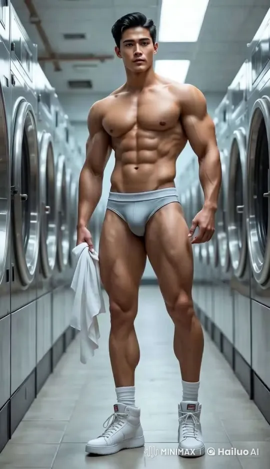 Muscular Man in Laundromat Showcases Physique – AI Generated Video | Hailuo AI