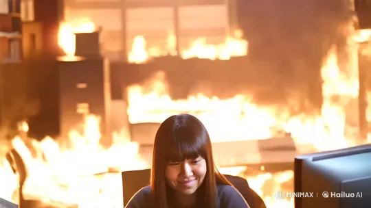 Woman Types Calmly Amid Office Inferno – AI Generated Video | Hailuo AI